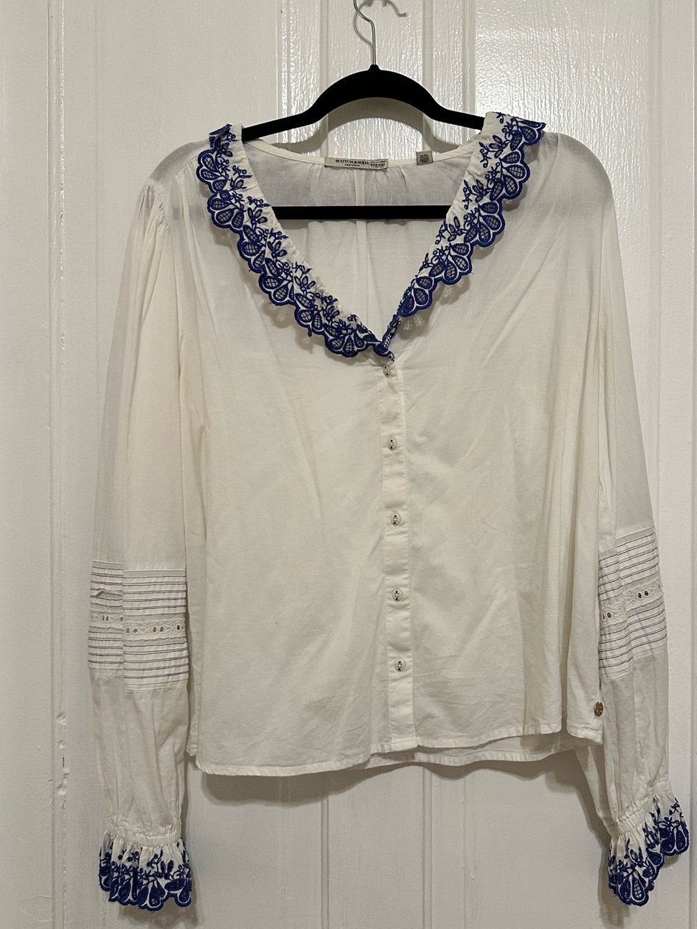 Scotch & Soda White Blouse with Blue Embroidered Trim